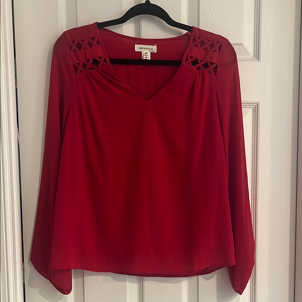 Monteau Red Long Sleeve Cut Out Blouse